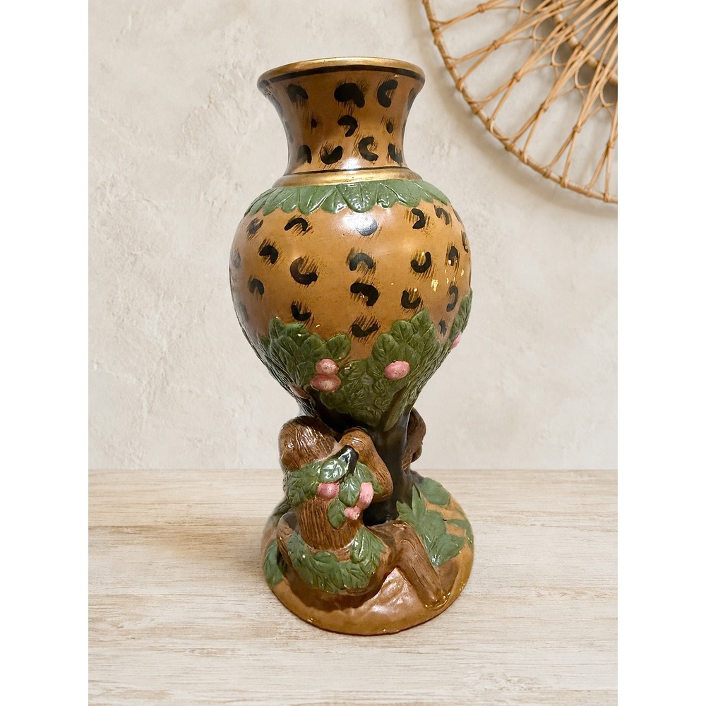 Rare 70s Vintage Monkey Pedestal Ceramic Vase Majolica Style Jungle Leopard - Picture 2 of 9